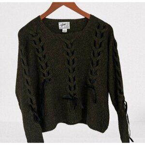Hellet Alpaca Wool Knit Sweater Velvet Details Heather Green Size Med